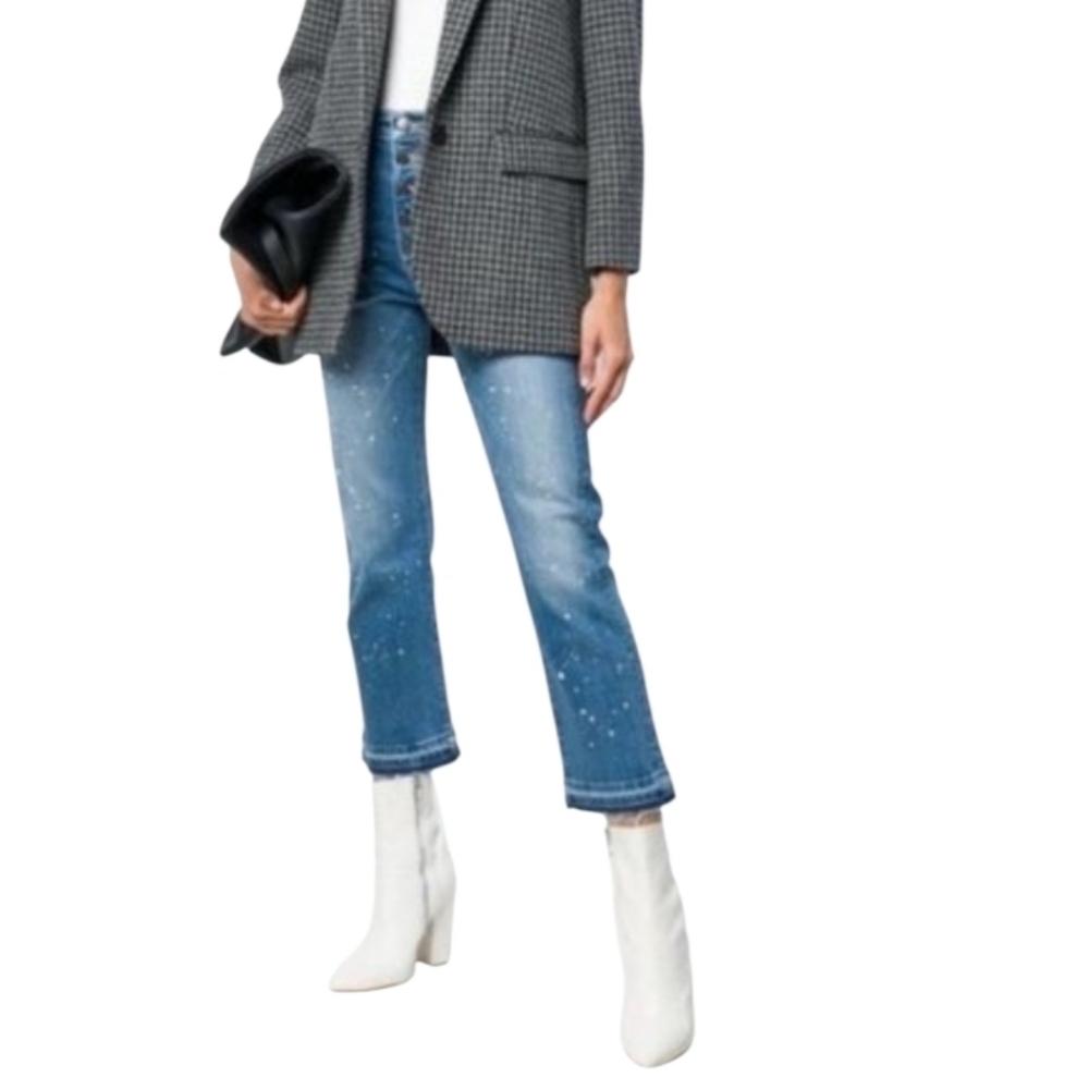 Veronica Beard Ines Girlfriend Paint-Splatter Cropped Straight Buttonfly Jeans